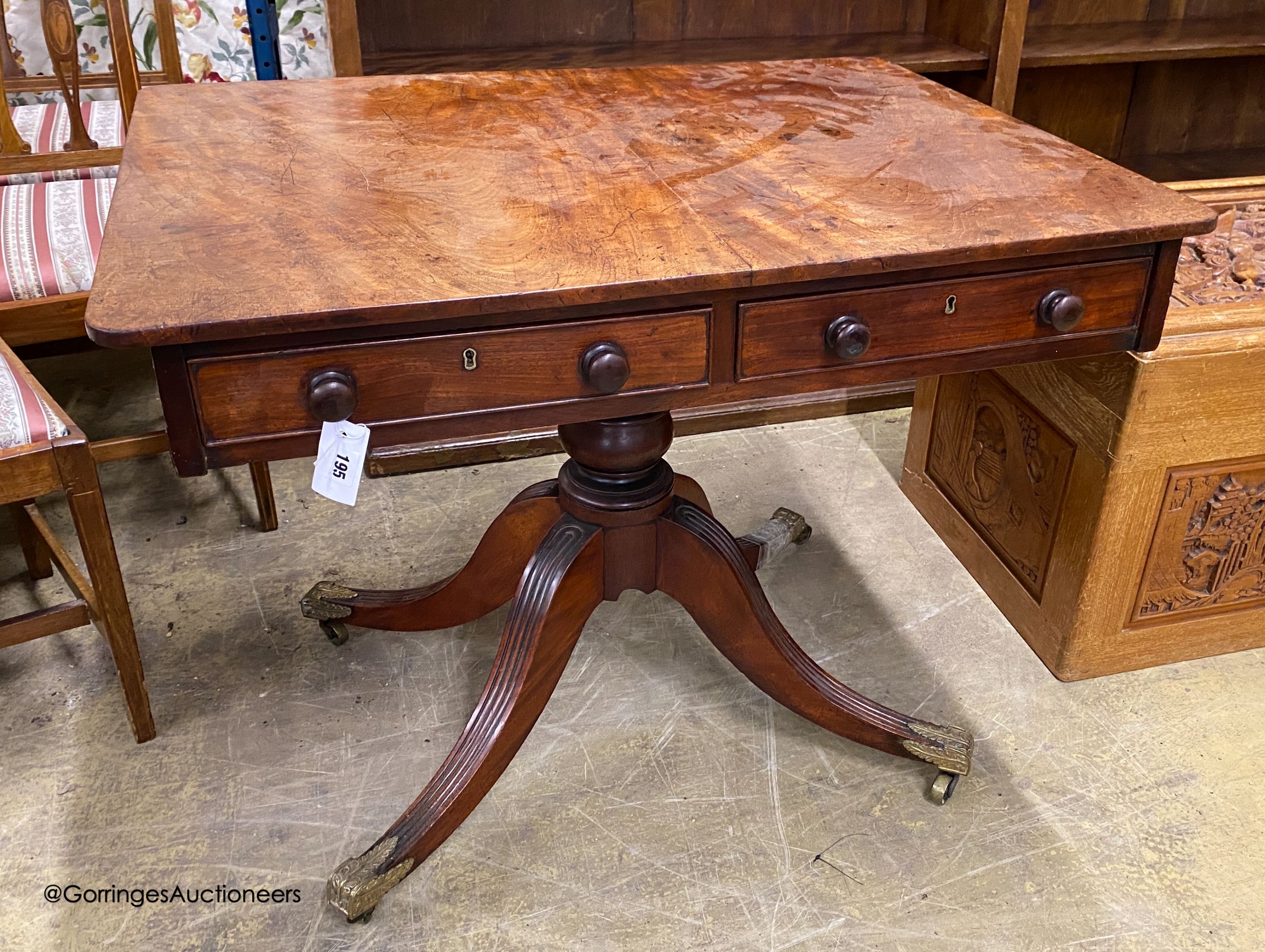 A Regency mahogany two drawer centre table, width 89cm, depth 68cm, height 72cm